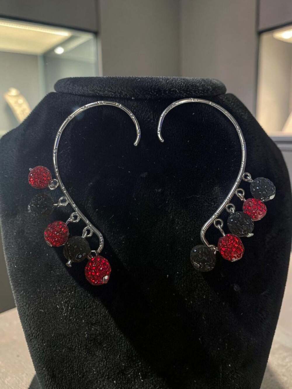Silver-Tone Ear Cuff Earrings with Red and Black Crystal Shamballa-Style Beads